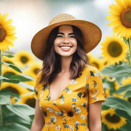 A joyful and radiant image of a happy woman wearing a sunflower-patterned dress and a stylish hat