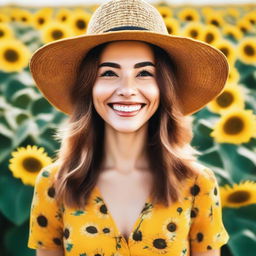 A joyful and radiant image of a happy woman wearing a sunflower-patterned dress and a stylish hat