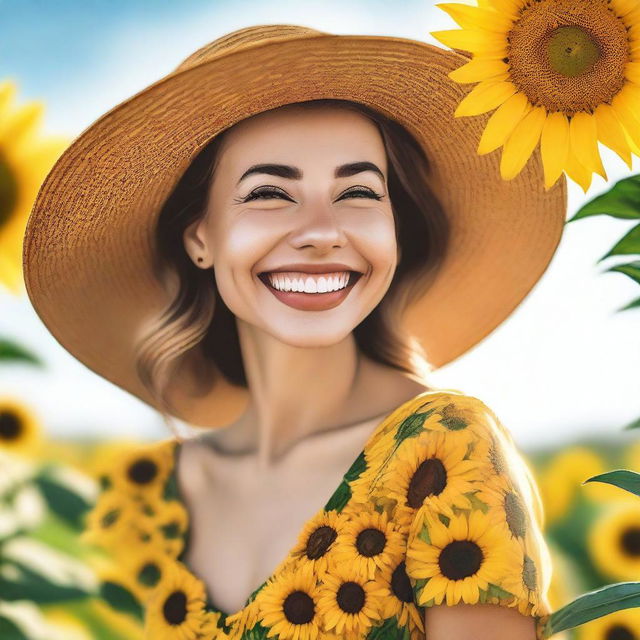 A joyful and radiant image of a happy woman wearing a sunflower-patterned dress and a stylish hat