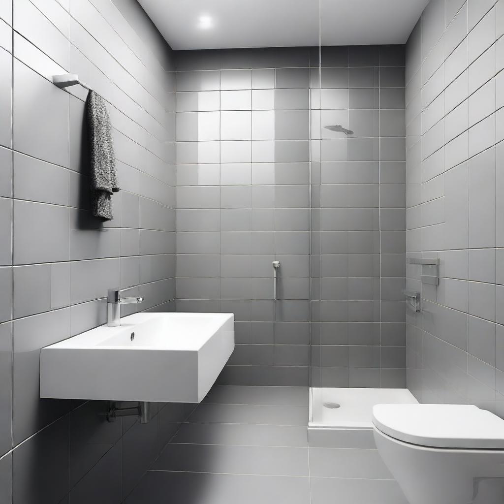 A small bathroom featuring a combination of big square grey tiles and small square white tiles