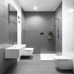 A small bathroom featuring a combination of big square grey tiles and small square white tiles