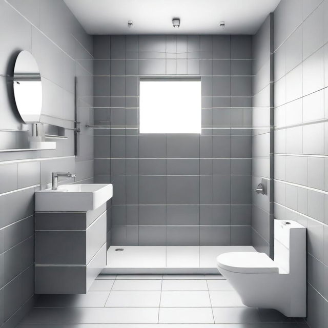 A small bathroom featuring a combination of big square grey tiles and small square white tiles