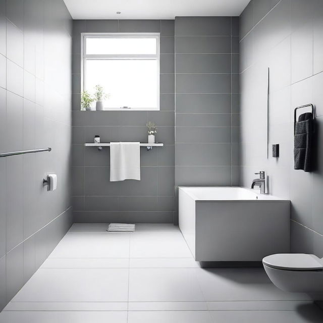 A small bathroom with big square grey tiles on the floor and small square white tiles on the walls