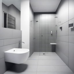 A small bathroom with big square grey tiles on the floor and small square white tiles on the walls