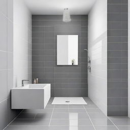 A small bathroom with big square grey tiles on the floor and small square white tiles on the walls