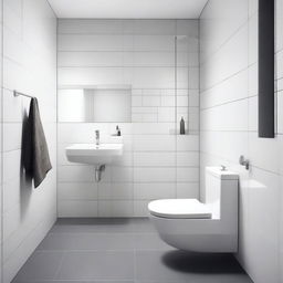 A small bathroom with big square grey tiles on the floor and small square white tiles on the walls