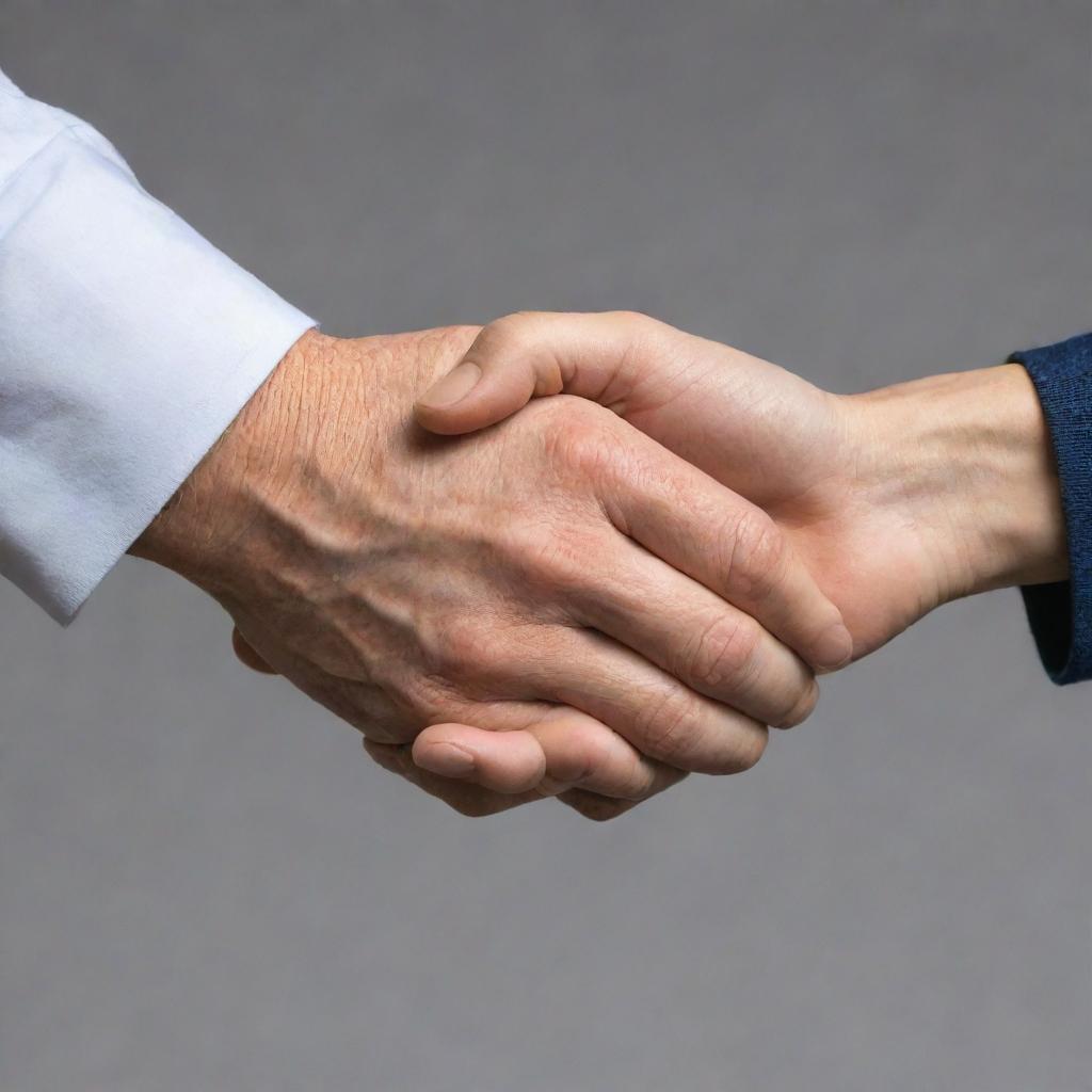 Two hands intertwined in a firm handshake, depicting mentorship. One hand is older and experienced, the other youthful and eager.