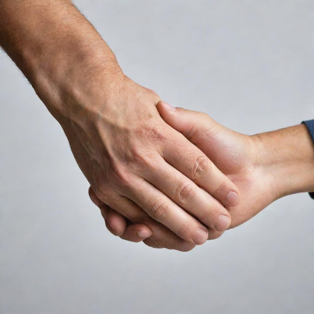 Two hands intertwined in a firm handshake, depicting mentorship. One hand is older and experienced, the other youthful and eager.