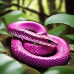 A pink snake slithering gracefully through a lush green forest, with sunlight filtering through the trees and creating a dappled light effect on the snake's scales