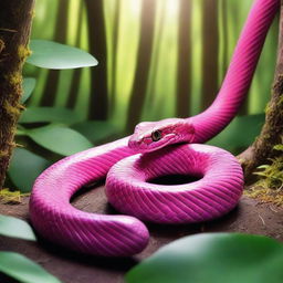 A pink snake slithering gracefully through a lush green forest, with sunlight filtering through the trees and creating a dappled light effect on the snake's scales