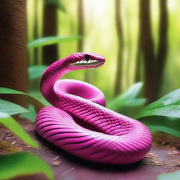 A pink snake slithering gracefully through a lush green forest, with sunlight filtering through the trees and creating a dappled light effect on the snake's scales