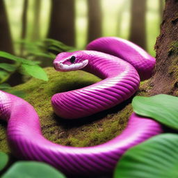 A pink snake slithering gracefully through a lush green forest, with sunlight filtering through the trees and creating a dappled light effect on the snake's scales