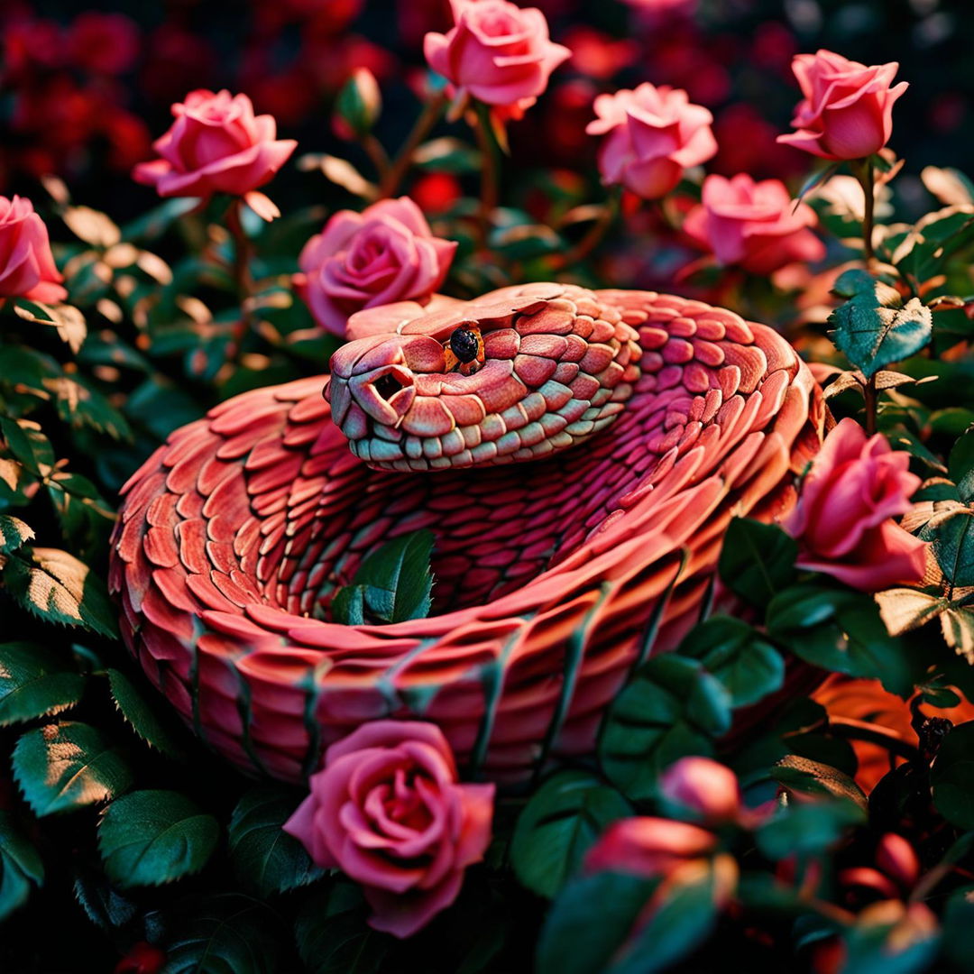 Ultra-detailed HD photograph of a pink snake in a rose bed, with vibrant pastel colors, captured in the style of National Geographic