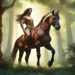 A majestic centaur standing in a lush forest clearing, with sunlight filtering through the trees