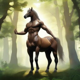 A majestic centaur standing in a lush forest clearing, with sunlight filtering through the trees