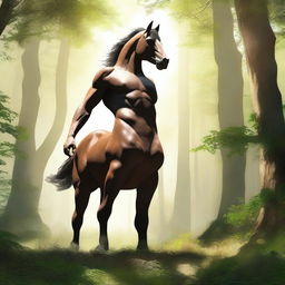 A majestic centaur standing in a lush forest clearing, with sunlight filtering through the trees