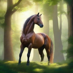 A majestic centaur standing in a lush forest clearing, with sunlight filtering through the trees