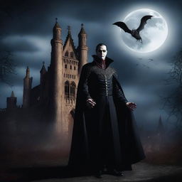 A detailed and atmospheric image of the legendary vampire Dracula standing in front of his gothic castle at night