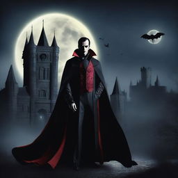 A detailed and atmospheric image of the legendary vampire Dracula standing in front of his gothic castle at night