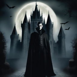 A detailed and atmospheric image of the legendary vampire Dracula standing in front of his gothic castle at night