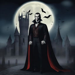 A detailed and atmospheric image of the legendary vampire Dracula standing in front of his gothic castle at night