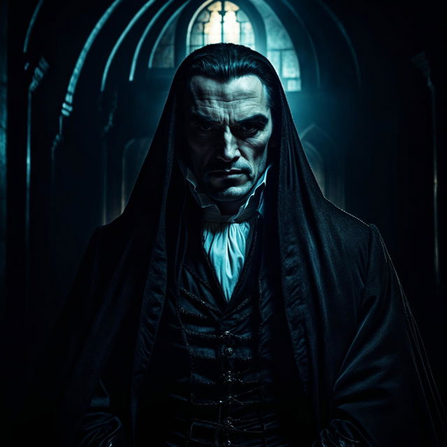 A high-definition, photographic portrait of the legendary vampire Dracula in a dimly lit castle