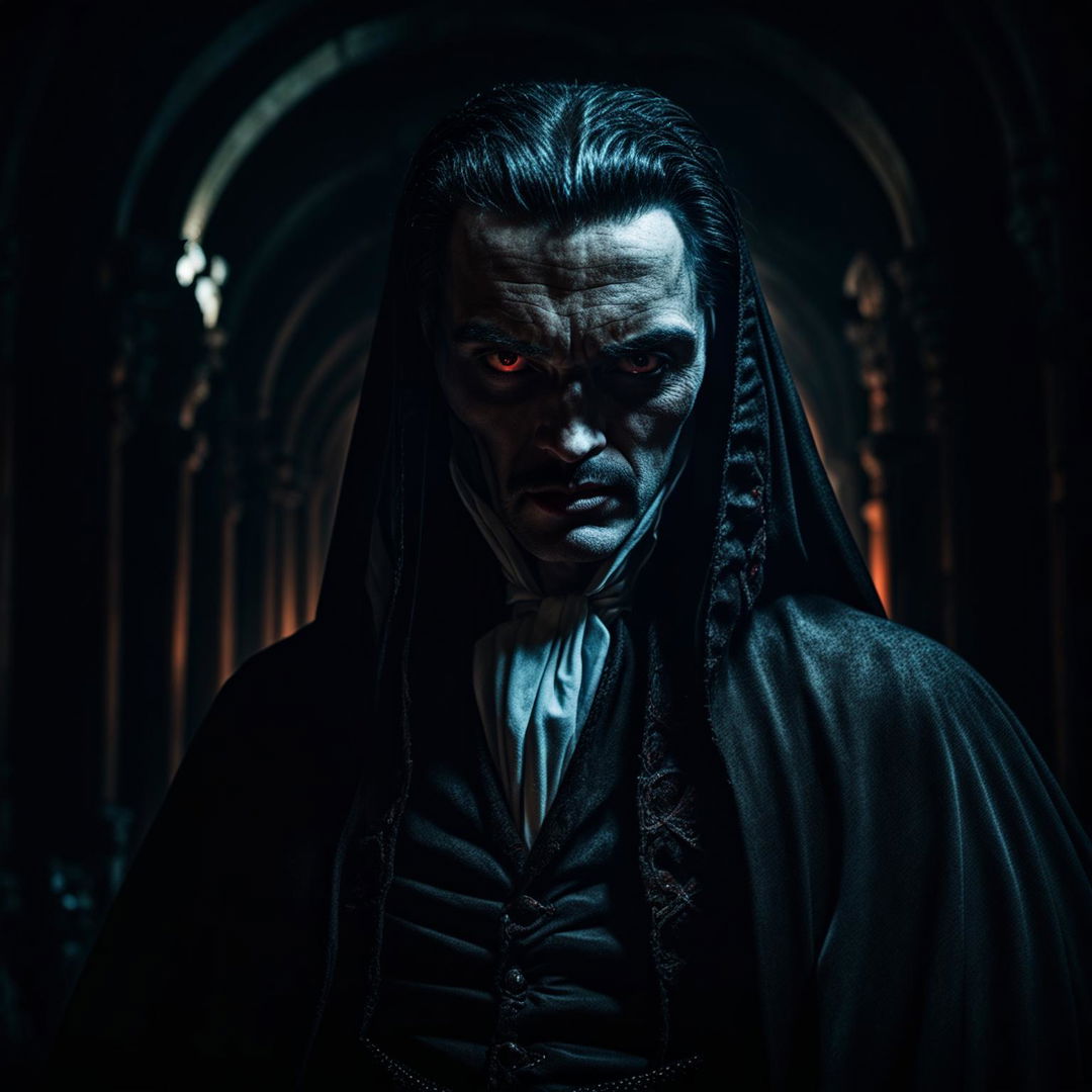 A high-definition, photographic portrait of the legendary vampire Dracula in a dimly lit castle