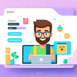 Create an animated developer cover page featuring a friendly and welcoming character with coding elements like a laptop, code snippets, and tech icons