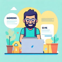 Create an animated developer cover page featuring a friendly and welcoming character with coding elements like a laptop, code snippets, and tech icons