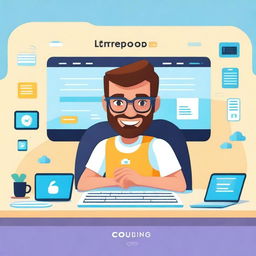 Create an animated developer cover page featuring a friendly and welcoming character with coding elements like a laptop, code snippets, and tech icons