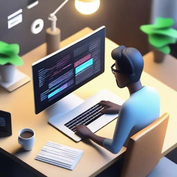 Create a 3D animated scene featuring a developer working on a laptop