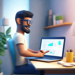 Create a 3D animated scene featuring a developer working on a laptop