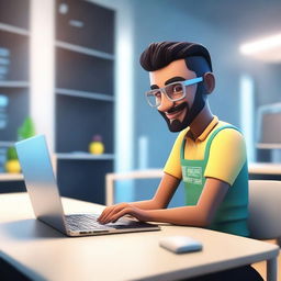 Create a 3D animated scene featuring a developer working on a laptop with the name M