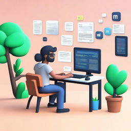 Create a 3D animated scene featuring a developer working on a laptop with the name M