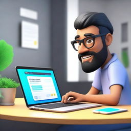 Create a 3D animated scene featuring a developer working on a laptop with the name M