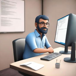 Create a 3D animated image of a software developer sitting at a desk with a modern computer setup