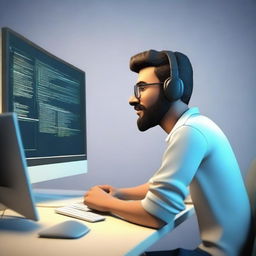 Create a 3D animated image of a software developer sitting at a desk with a modern computer setup