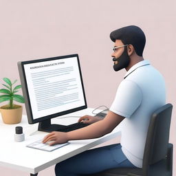 Create a 3D animated image of a software developer sitting at a desk with a modern computer setup