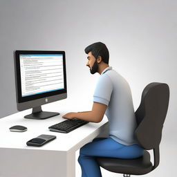 Create a 3D animated image of a software developer sitting at a desk with a modern computer setup