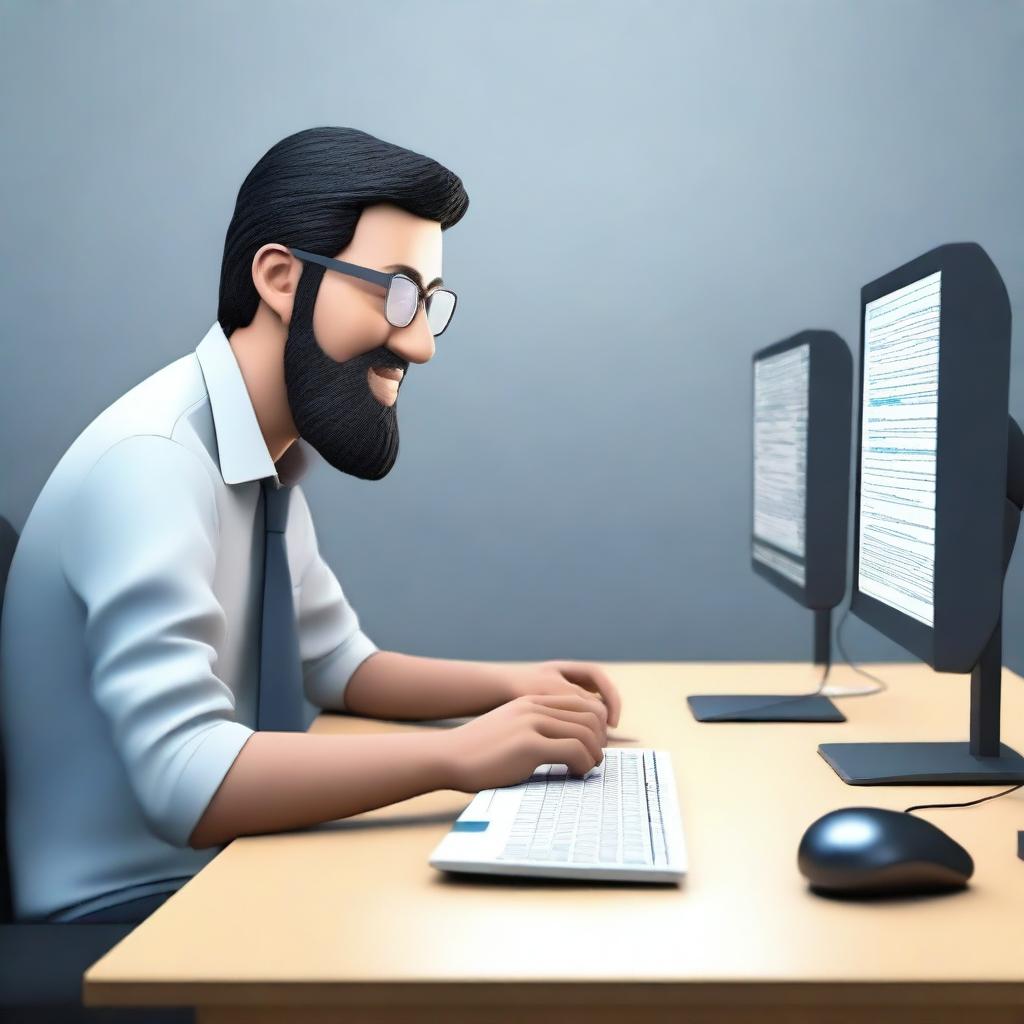 Create a 3D animated image of a software developer sitting at a desk with a modern computer setup