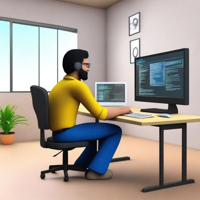 Create a 3D animated image of a software developer sitting at a desk with a modern computer setup