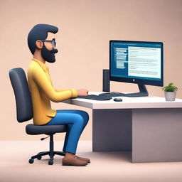 Create a 3D animated image of a software developer sitting at a desk with a modern computer setup