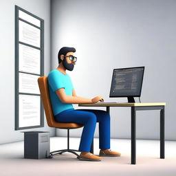 Create a 3D animated image of a software developer sitting at a desk with a modern computer setup