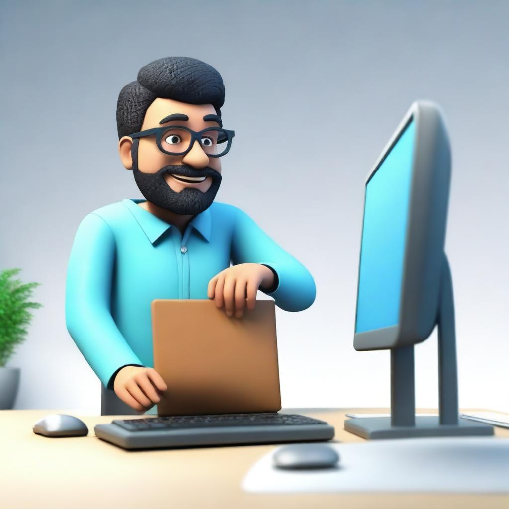 Create a 3D animated image of a software developer working at a desk with a modern computer setup