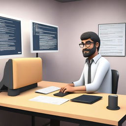 Create a 3D animated image of a software developer working at a desk with a modern computer setup