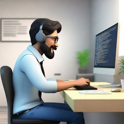 Create a 3D animated image of a software developer working at a desk with a modern computer setup