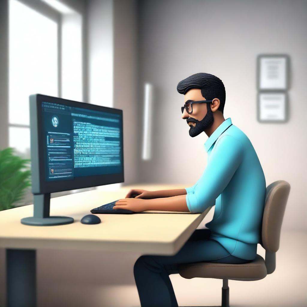 Create a 3D animated image of a software developer working at a desk with a modern computer setup