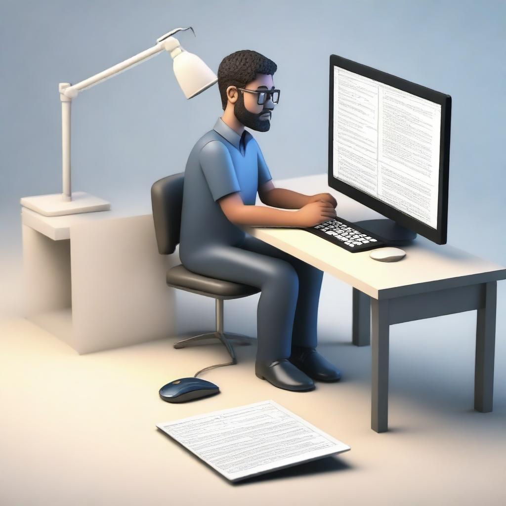 Create a 3D animated image of a software developer working at a desk with a modern computer setup