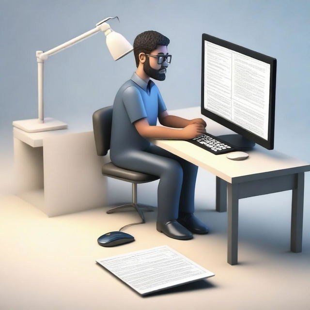 Create a 3D animated image of a software developer working at a desk with a modern computer setup