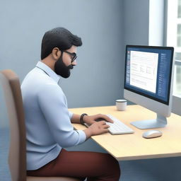 Create a 3D animated image of a software developer working at a desk with a modern computer setup